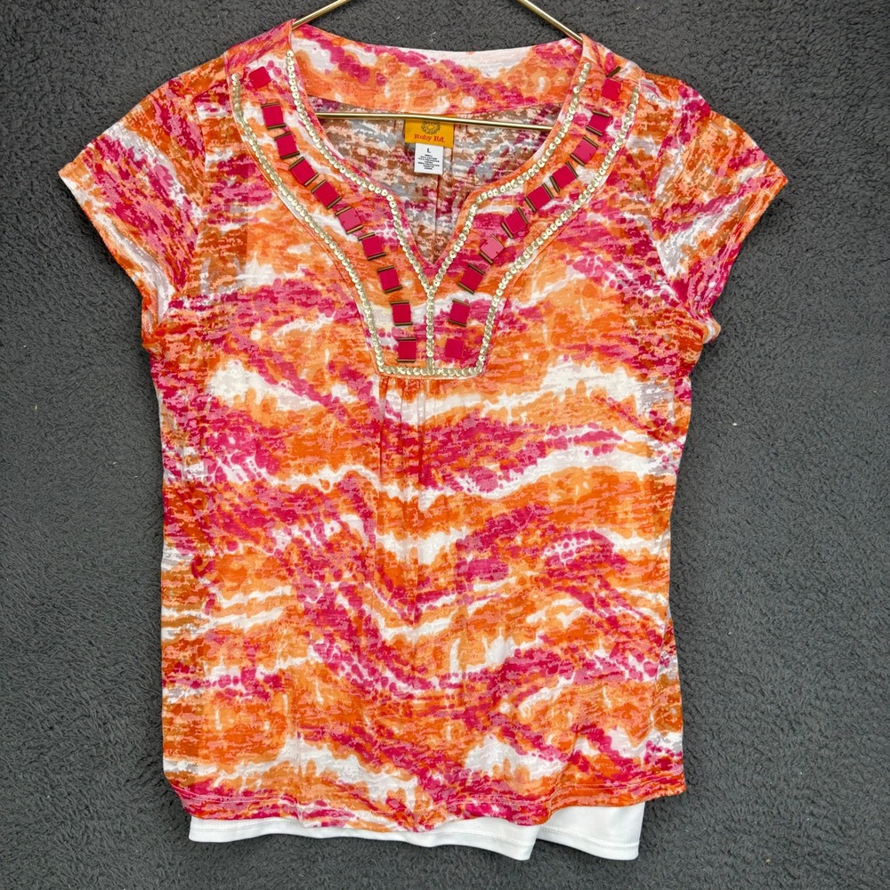 Ruby Rd Womens Large Orange Pink Abstract Embellished V-Neck Layered Top